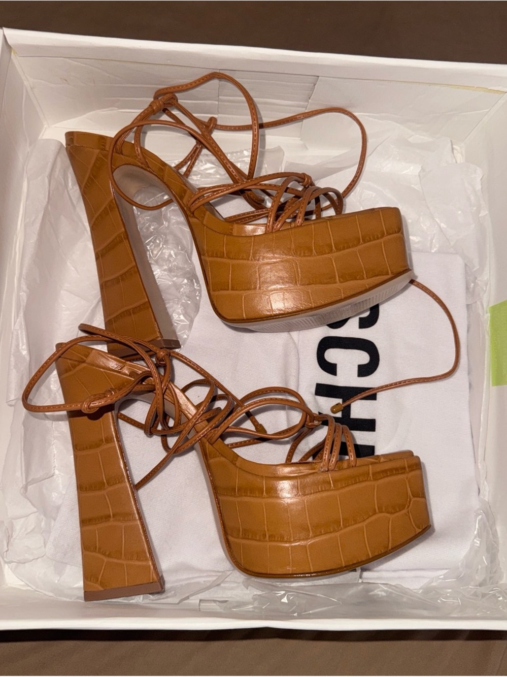 SCHUTZ Croc-Embossed Tan Lace-Up Platform Sandals